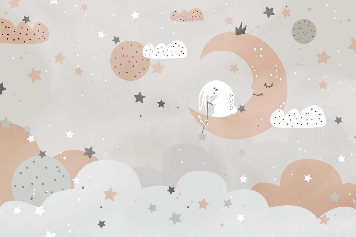 Tapet Personalizat Inspiratie Scandinava pentru Copii cu iepuras pe luna in nuante de gri si portocaliu - BUNNY ON THE MOON
