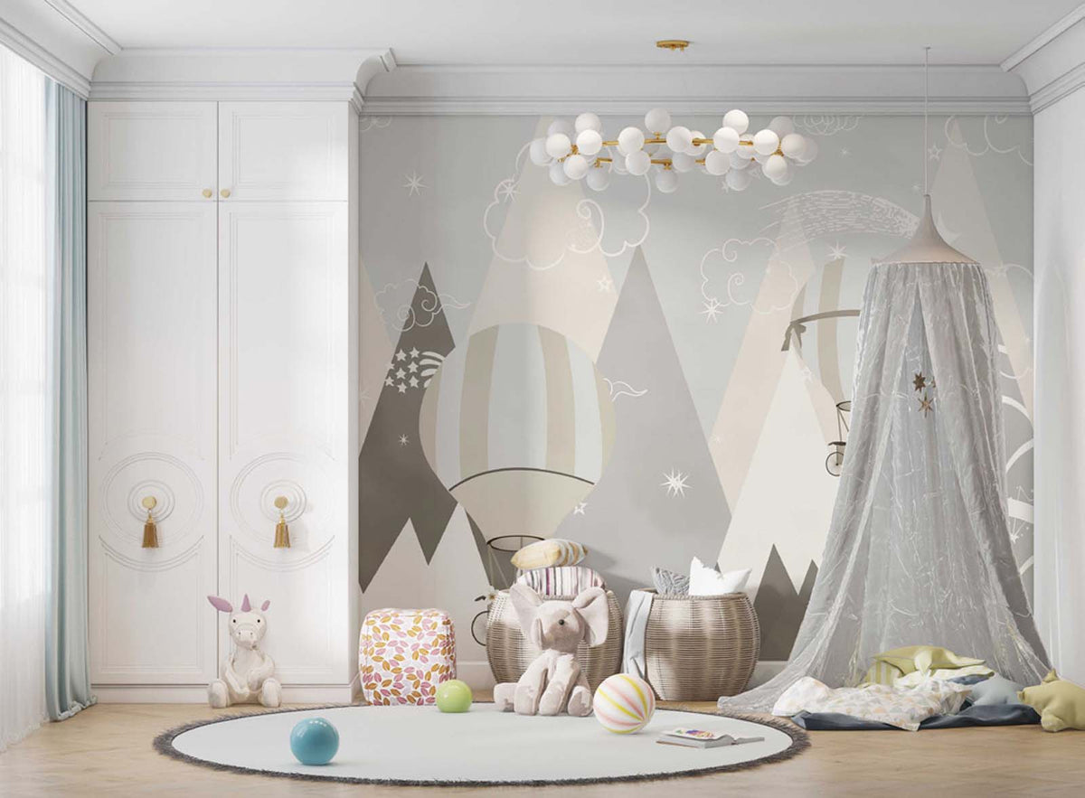 Tapet Personalizat Inspiratie Scandinava pentru Copii cu munti si baloane cu aer cald in nuante de bej gri - GREJ BALLOONS MOUNTAINS