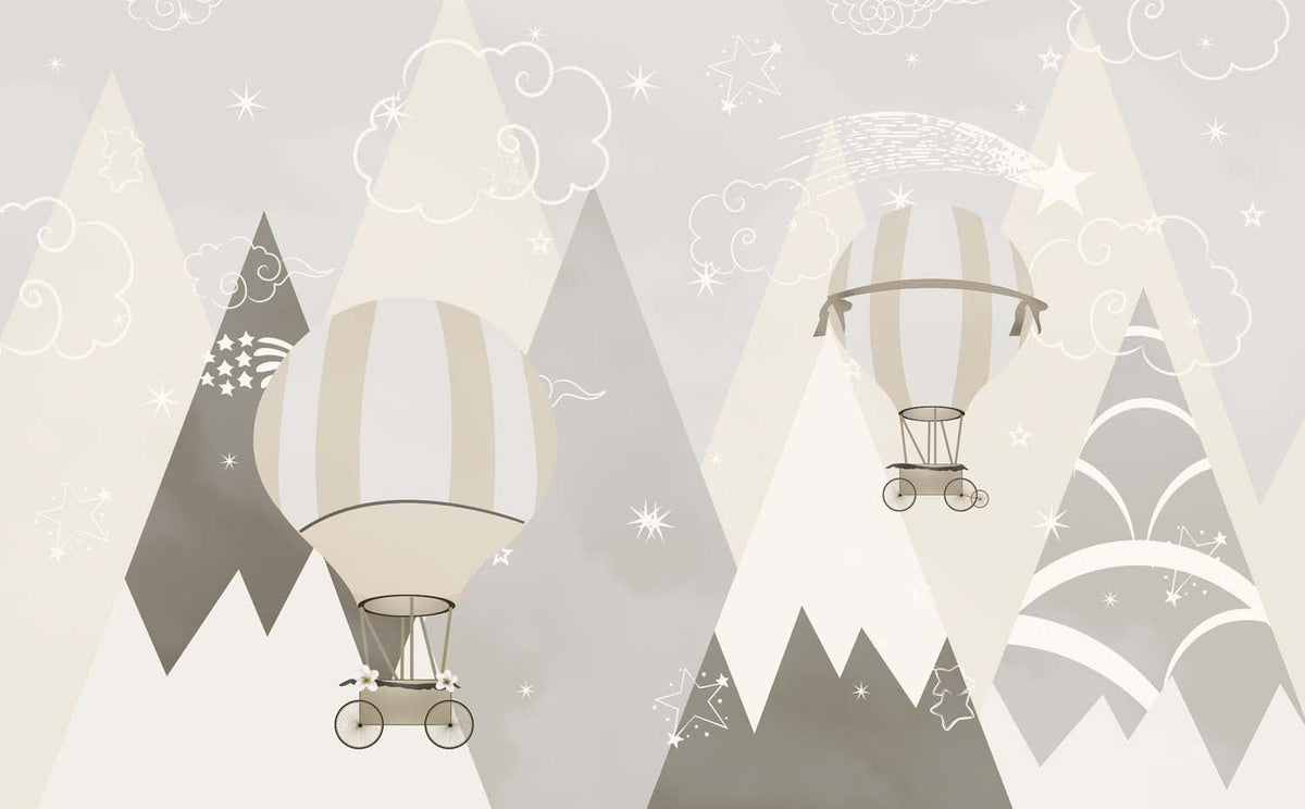 Tapet Personalizat Inspiratie Scandinava pentru Copii cu munti si baloane cu aer cald in nuante de bej gri - GREJ BALLOONS MOUNTAINS
