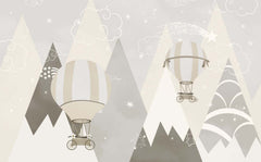 Tapet Personalizat Inspiratie Scandinava pentru Copii cu munti si baloane cu aer cald in nuante de bej gri - GREJ BALLOONS MOUNTAINS