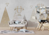 Tapet Personalizat Inspiratie Scandinava pentru Copii cu munti instelati si baloane cu aer cald in nuante de bej - STARRY MOUNTAINS BEIGE