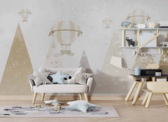 Tapet Personalizat Inspiratie Scandinava pentru Copii cu munti instelati si baloane cu aer cald in nuante de bej - STARRY MOUNTAINS BEIGE