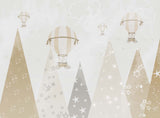 Tapet Personalizat Inspiratie Scandinava pentru Copii cu munti instelati si baloane cu aer cald in nuante de bej - STARRY MOUNTAINS BEIGE