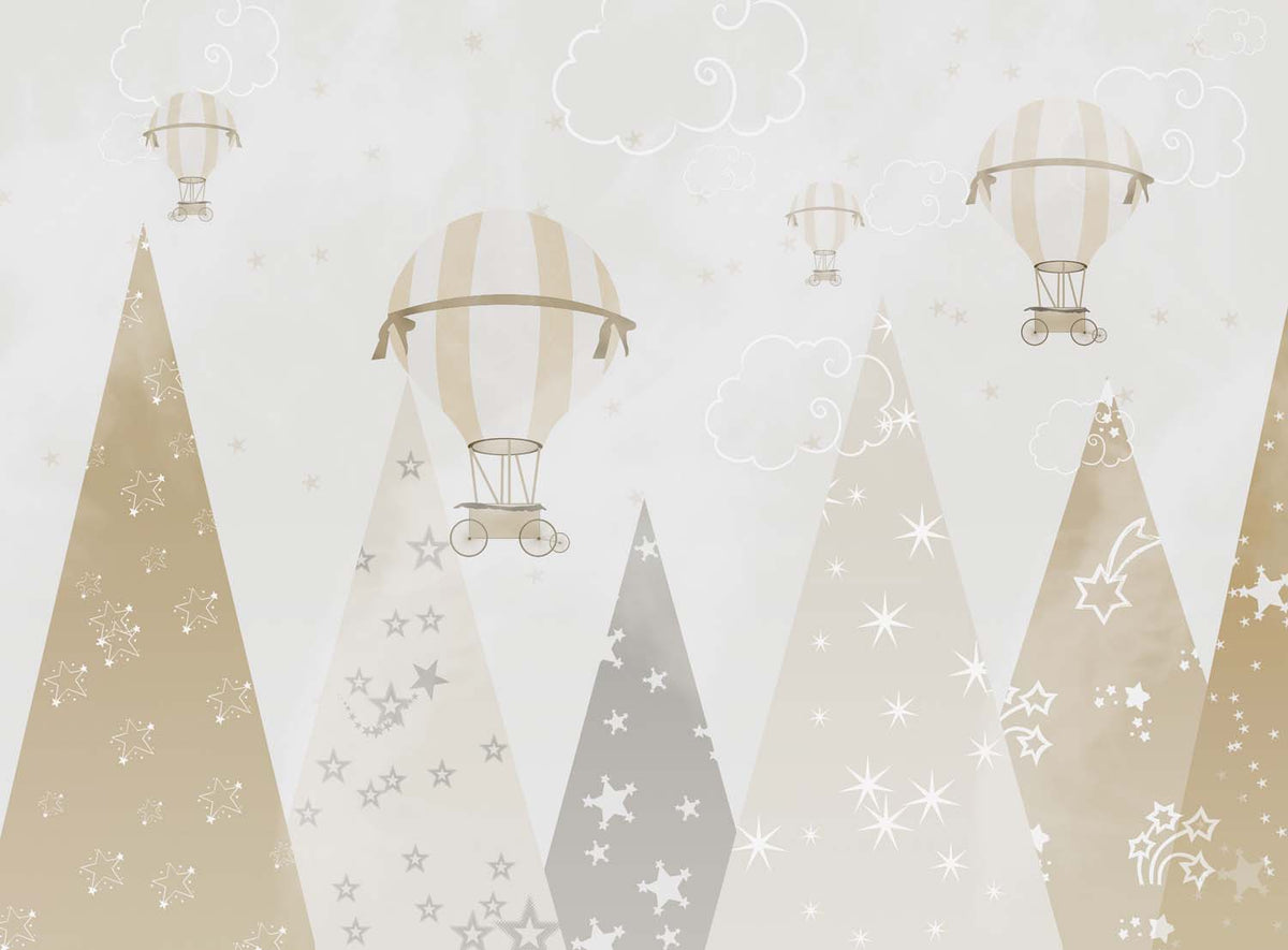 Tapet Personalizat Inspiratie Scandinava pentru Copii cu munti instelati si baloane cu aer cald in nuante de bej - STARRY MOUNTAINS BEIGE
