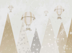 Tapet Personalizat Inspiratie Scandinava pentru Copii cu munti instelati si baloane cu aer cald in nuante de bej - STARRY MOUNTAINS BEIGE