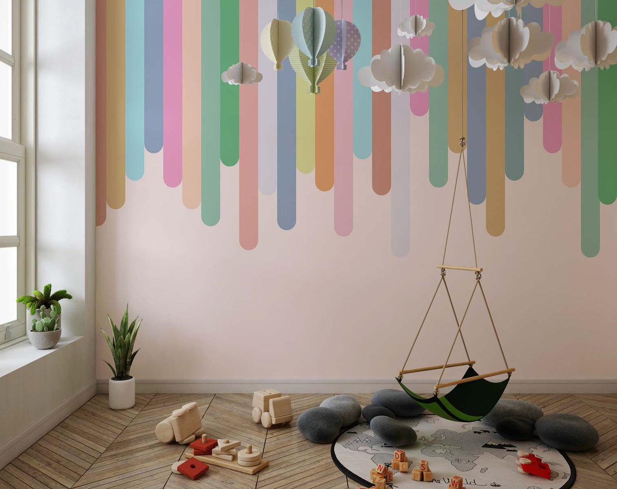 Tapet Personalizat Inspiratie Scandinava pentru Copii cu dungi multicolore pe fundal roz - LINE RAINBOW
