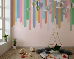 Tapet Personalizat Inspiratie Scandinava pentru Copii cu dungi multicolore pe fundal roz - LINE RAINBOW