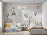 Tapet Personalizat Inspiratie Scandinava pentru Copii cu munti gri si baloane cu aer cald colorate - 3D HOT AIR BALLOON