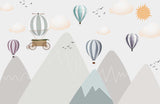 Tapet Personalizat Inspiratie Scandinava pentru Copii cu munti gri si baloane cu aer cald colorate - 3D HOT AIR BALLOON