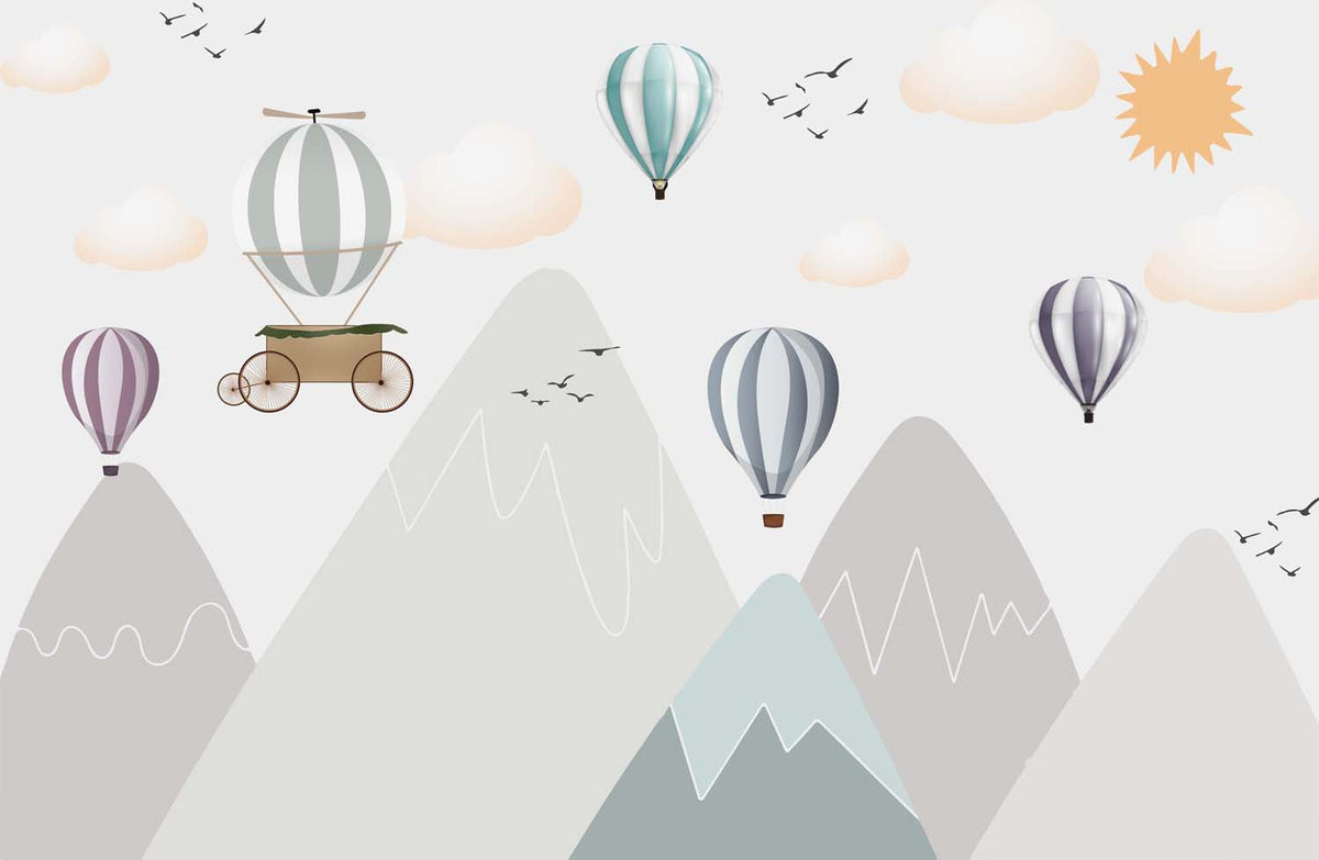 Tapet Personalizat Inspiratie Scandinava pentru Copii cu munti gri si baloane cu aer cald colorate - 3D HOT AIR BALLOON