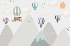Tapet Personalizat Inspiratie Scandinava pentru Copii cu munti gri si baloane cu aer cald colorate - 3D HOT AIR BALLOON