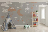 Tapet Personalizat Inspiratie Scandinava pentru Copii cu luna si stelele pe fundal gri - GREY SLEEPY TIME
