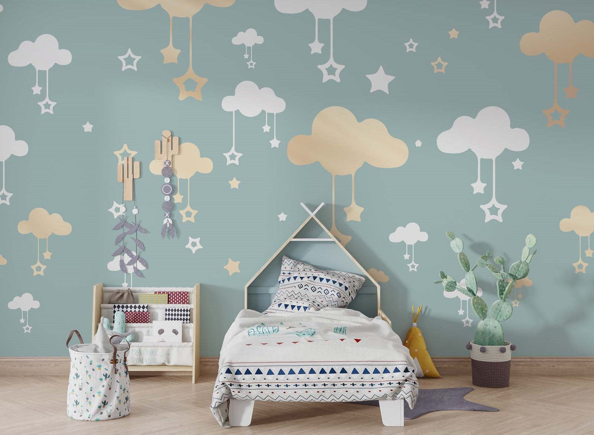 Tapet Personalizat Inspiratie Scandinava pentru Copii cu norisori aurii si stele pe fundal verde - GOLDEN CLOUDS