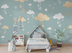 Tapet Personalizat Inspiratie Scandinava pentru Copii cu norisori aurii si stele pe fundal verde - GOLDEN CLOUDS