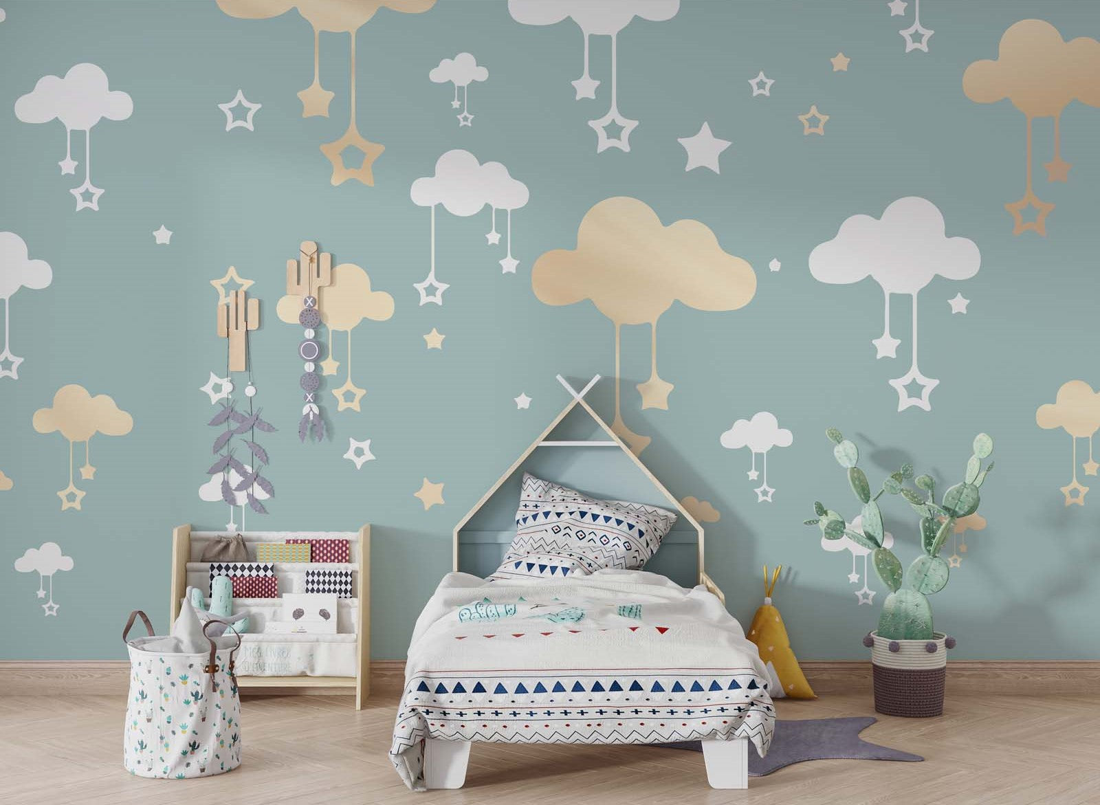 Tapet Personalizat Inspiratie Scandinava pentru Copii cu norisori aurii si stele pe fundal verde - GOLDEN CLOUDS