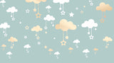 Tapet Personalizat Inspiratie Scandinava pentru Copii cu norisori aurii si stele pe fundal verde - GOLDEN CLOUDS