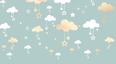 Tapet Personalizat Inspiratie Scandinava pentru Copii cu norisori aurii si stele pe fundal verde - GOLDEN CLOUDS