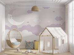 Tapet Personalizat Inspiratie Scandinava pentru Copii cu luna si nori in nuante de mov - MAUVE NAP TIME