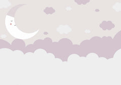 Tapet Personalizat Inspiratie Scandinava pentru Copii cu luna si nori in nuante de mov - MAUVE NAP TIME