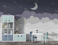 Tapet Personalizat Inspiratie Scandinava pentru Copii cu luna, nori si telute in nuante de albastru indigo - STARRY NIGHT NURSERY