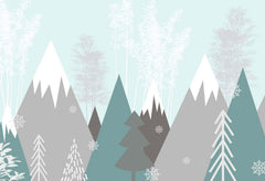 Tapet Personalizat Inspiratie Scandinava pentru Copii cu munti si brazi abstracti in nuante de verde si gri - SNOWY FOREST MOUNTAINS