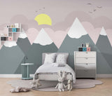 Tapet Personalizat Inspiratie Scandinava pentru Copii cu munti gri si nori roz - PINK SUNSET MOUNTAINS