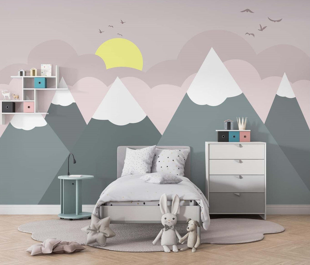 Tapet Personalizat Inspiratie Scandinava pentru Copii cu munti gri si nori roz - PINK SUNSET MOUNTAINS