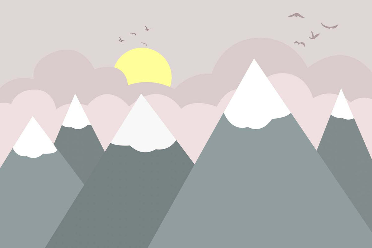 Tapet Personalizat Inspiratie Scandinava pentru Copii cu munti gri si nori roz - PINK SUNSET MOUNTAINS