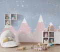 Tapet Personalizat Inspiratie Scandinava pentru Copii cu munti roz, cer albastru, planete si constelatii - PINK STARRY MOUNTAINS