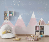 Tapet Personalizat Inspiratie Scandinava pentru Copii cu munti roz, cer albastru, planete si constelatii - PINK STARRY MOUNTAINS