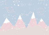 Tapet Personalizat Inspiratie Scandinava pentru Copii cu munti roz, cer albastru, planete si constelatii - PINK STARRY MOUNTAINS