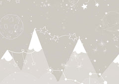 Tapet Personalizat Inspiratie Scandinava pentru Copii cu munti bej, planete si constelatii albe - BEIGE STARRY MOUNTAINS