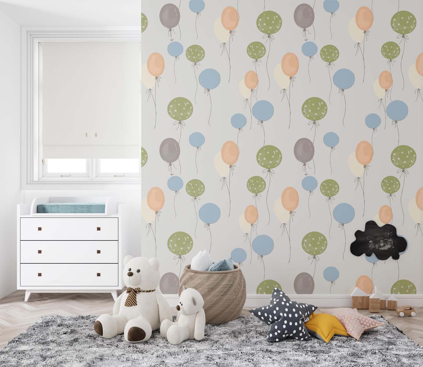 Tapet Personalizat Inspiratie Scandinava pentru Copii cu pattern de baloane in nuante de verde, albastru si portocaliu - COLORFUL BALLOONS PATTERN