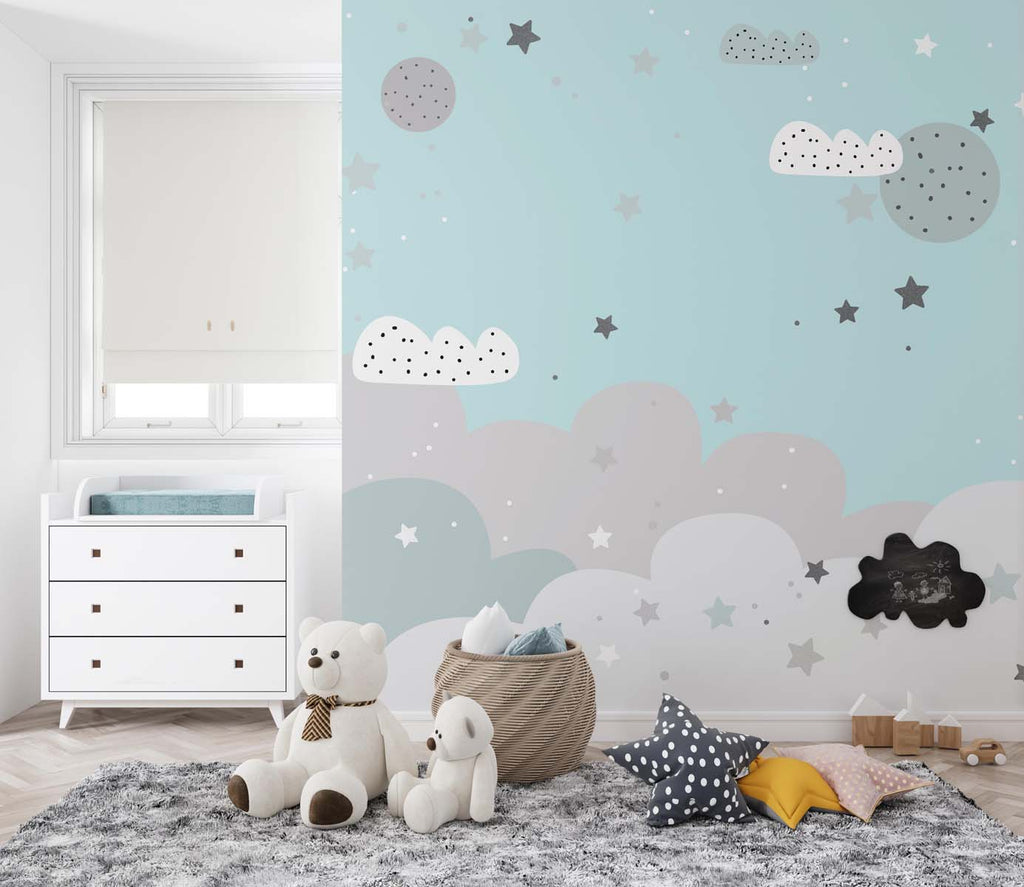 Tapet Personalizat Inspiratie Scandinava pentru Copii cu nori gri si cer albastru instelat - TURQUOISE STARRY SKY