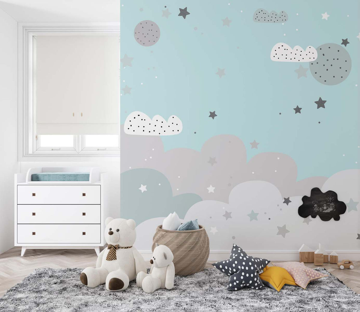 Tapet Personalizat Inspiratie Scandinava pentru Copii cu nori gri si cer albastru instelat - TURQUOISE STARRY SKY