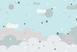 Tapet Personalizat Inspiratie Scandinava pentru Copii cu nori gri si cer albastru instelat - TURQUOISE STARRY SKY