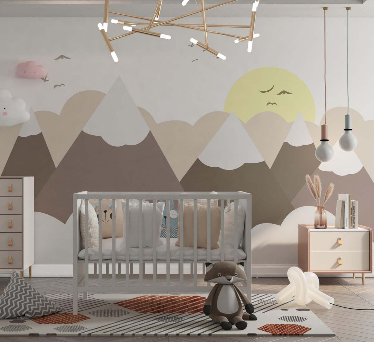 Tapet Personalizat Inspiratie Scandinava pentru Copii cu munti printre nori si soare - EARTHY MOUNTAINS