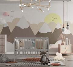 Tapet Personalizat Inspiratie Scandinava pentru Copii cu munti printre nori si soare - EARTHY MOUNTAINS