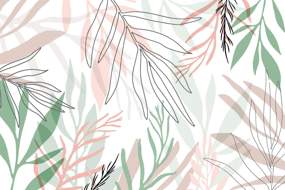 Tapet Personalizat Inspiratie Scandinava pentru Copii cu frunze tropicale in stil line art pastel - PASTEL LINE ART LEAVES