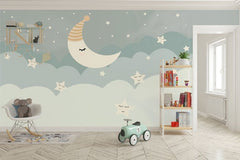 Tapet Personalizat Inspiratie Scandinava pentru Copii cu luna si stelele printre norii albastri - MOON HAT