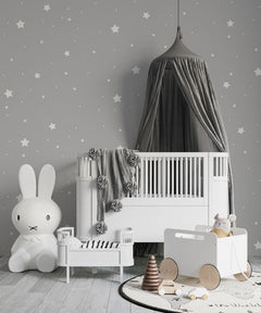 Tapet Personalizat Inspiratie Scandinava pentru Copii cu fundal gri si stele albe - STARRY GREY SKY