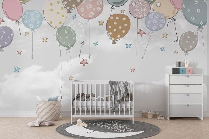 Tapet Personalizat Inspiratie Scandinava pentru Copii cu baloane de petrecere si stelute colorate pe fundal gri - STAR BALLOONS GREY