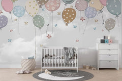 Tapet Personalizat Inspiratie Scandinava pentru Copii cu baloane de petrecere si stelute colorate pe fundal gri - STAR BALLOONS GREY