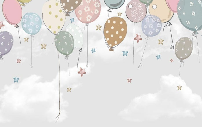 Tapet Personalizat Inspiratie Scandinava pentru Copii cu baloane de petrecere si stelute colorate pe fundal gri - STAR BALLOONS GREY