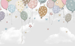 Tapet Personalizat Inspiratie Scandinava pentru Copii cu baloane de petrecere si stelute colorate pe fundal gri - STAR BALLOONS GREY