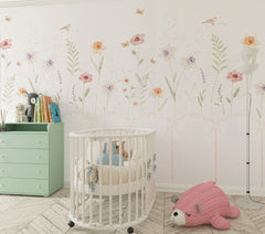 Tapet Personalizat Inspiratie Scandinava pentru Copii cu plante delicate pictate si panou alb cu fundite - PANEL FLOWERS