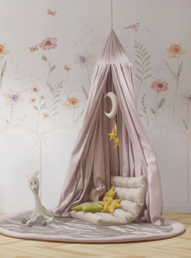 Tapet Personalizat Inspiratie Scandinava pentru Copii cu plante delicate pictate si panou alb cu fundite - PANEL FLOWERS