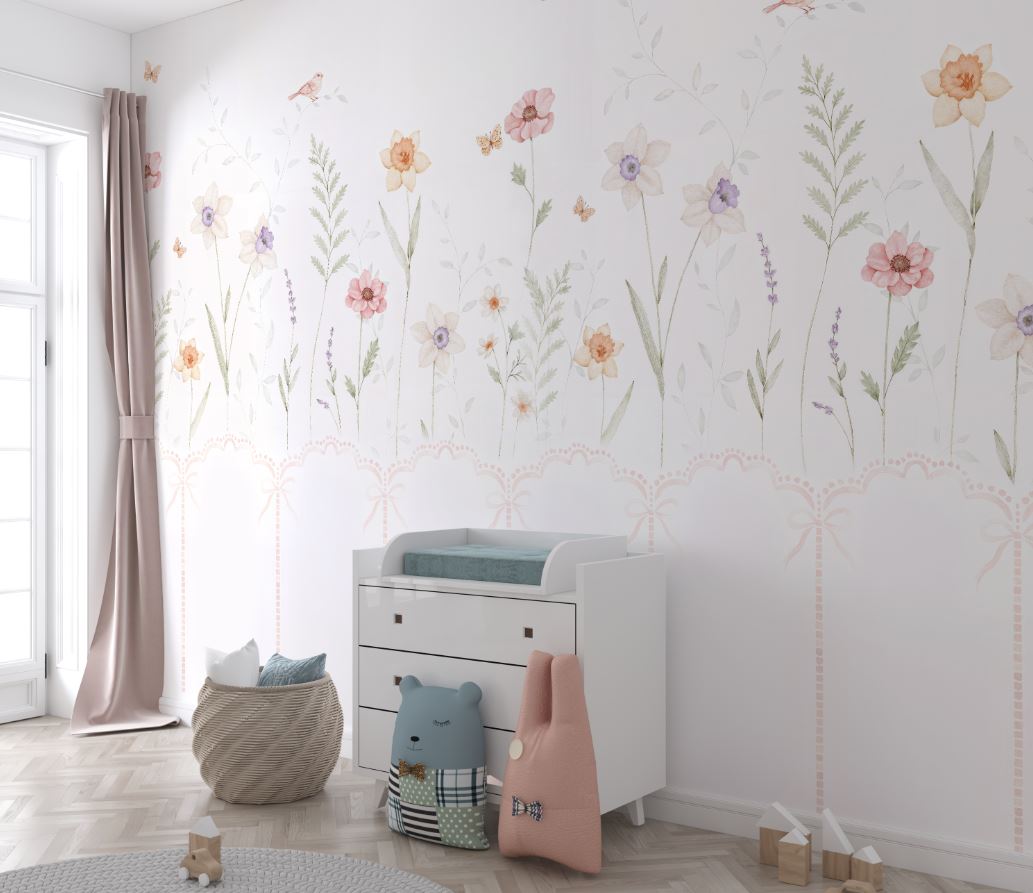 Tapet Personalizat Inspiratie Scandinava pentru Copii cu plante delicate pictate si panou alb cu fundite - PANEL FLOWERS