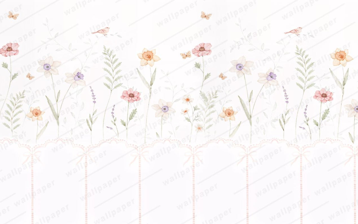 Tapet Personalizat Inspiratie Scandinava pentru Copii cu plante delicate pictate si panou alb cu fundite - PANEL FLOWERS