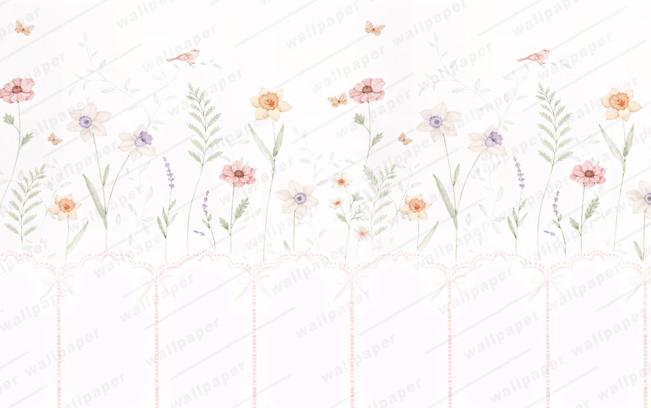 Tapet Personalizat Inspiratie Scandinava pentru Copii cu plante delicate pictate si panou alb cu fundite - PANEL FLOWERS